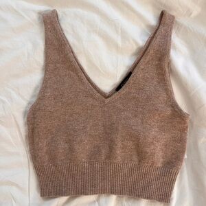 Quince Tan Knit V-Neck Crop Top